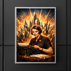 Ayn Rand at typewriter with skyline shards poster 5