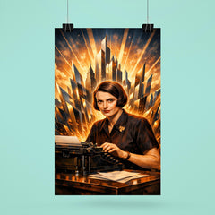 Ayn Rand at typewriter with skyline shards poster 6