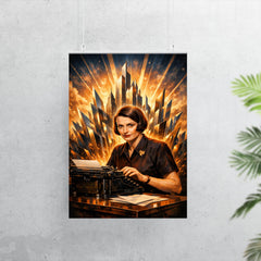 Ayn Rand at typewriter with skyline shards poster 7