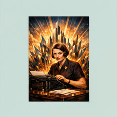 Ayn Rand at typewriter with skyline shards poster 8