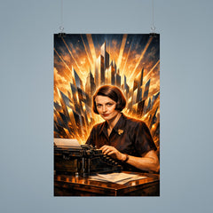 Ayn Rand at typewriter with skyline shards poster 9