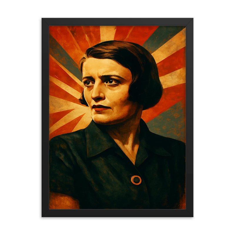 Ayn Rand framed print on a plain backdrop in size 18