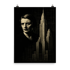 Ayn Rand in stark chiaroscuro beside skyscraper blueprints poster on a plain backdrop in size 8"x10".