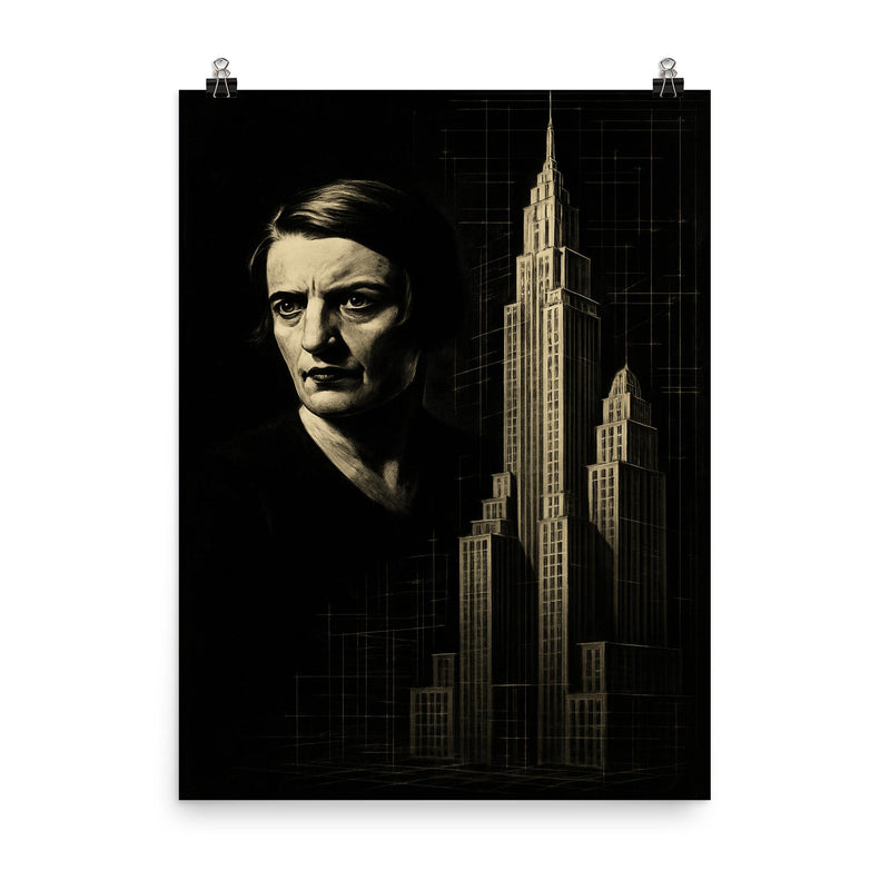 Ayn Rand in stark chiaroscuro beside skyscraper blueprints poster on a plain backdrop in size 8