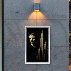 Ayn Rand in stark chiaroscuro beside skyscraper blueprints poster 2