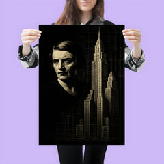 Ayn Rand in stark chiaroscuro beside skyscraper blueprints poster 3