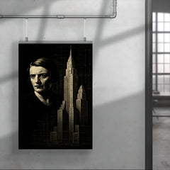 Ayn Rand in stark chiaroscuro beside skyscraper blueprints poster 4