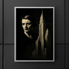 Ayn Rand in stark chiaroscuro beside skyscraper blueprints poster 5