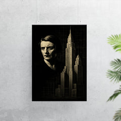 Ayn Rand in stark chiaroscuro beside skyscraper blueprints poster 7