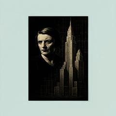 Ayn Rand in stark chiaroscuro beside skyscraper blueprints poster 8