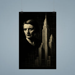 Ayn Rand in stark chiaroscuro beside skyscraper blueprints poster 9
