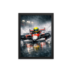 Ayrton Senna style rain racer without likeness framed print on a plain backdrop in size 12"x16".