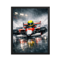 Ayrton Senna style rain racer without likeness framed print on a plain backdrop in size 16"x20".