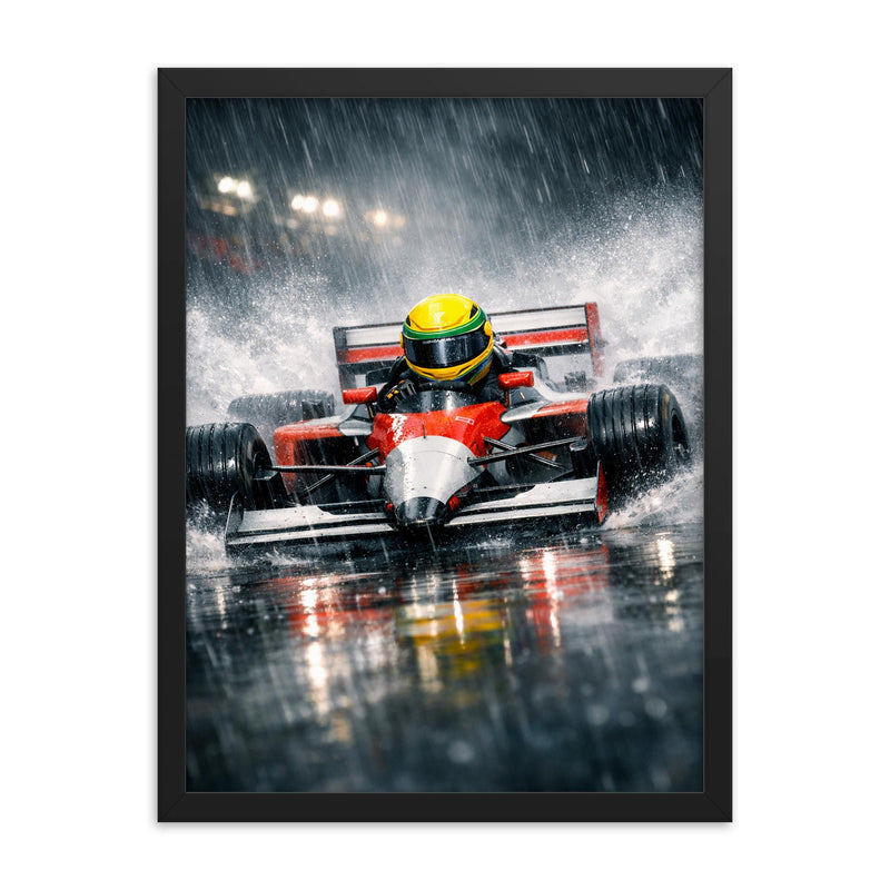 Ayrton Senna style rain racer without likeness framed print on a plain backdrop in size 18