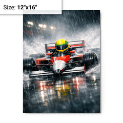 Ayrton Senna style rain racer without likeness metal print on a plain backdrop in size 12"x16".