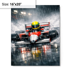 Ayrton Senna style rain racer without likeness metal print on a plain backdrop in size 16"x20".