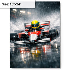 Ayrton Senna style rain racer without likeness metal print on a plain backdrop in size 18"x24".
