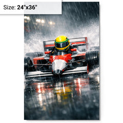 Ayrton Senna style rain racer without likeness metal print on a plain backdrop in size 24"x36".