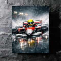 Ayrton Senna style rain racer without likeness metal print mockup