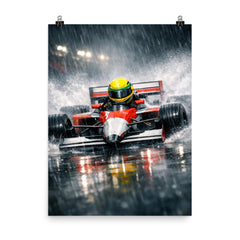 Ayrton Senna style rain racer without likeness poster on a plain backdrop in size 8"x10".