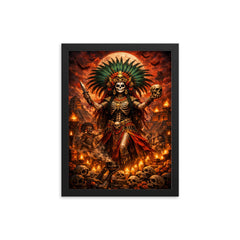Aztec death goddess Mictecacihuatl festival grandeur framed print on a plain backdrop in size 12"x16".