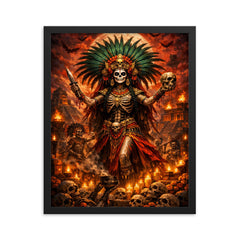 Aztec death goddess Mictecacihuatl festival grandeur framed print on a plain backdrop in size 16"x20".