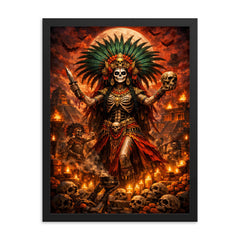 Aztec death goddess Mictecacihuatl festival grandeur framed print on a plain backdrop in size 18"x24".