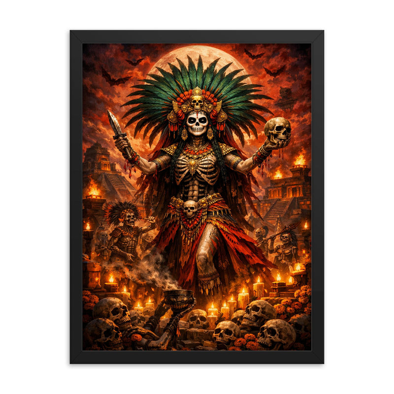 Aztec death goddess Mictecacihuatl festival grandeur framed print on a plain backdrop in size 18