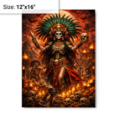 Aztec death goddess Mictecacihuatl festival grandeur metal print on a plain backdrop in size 12"x16".