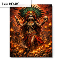 Aztec death goddess Mictecacihuatl festival grandeur metal print on a plain backdrop in size 16"x20".