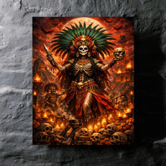 Aztec death goddess Mictecacihuatl festival grandeur metal print mockup