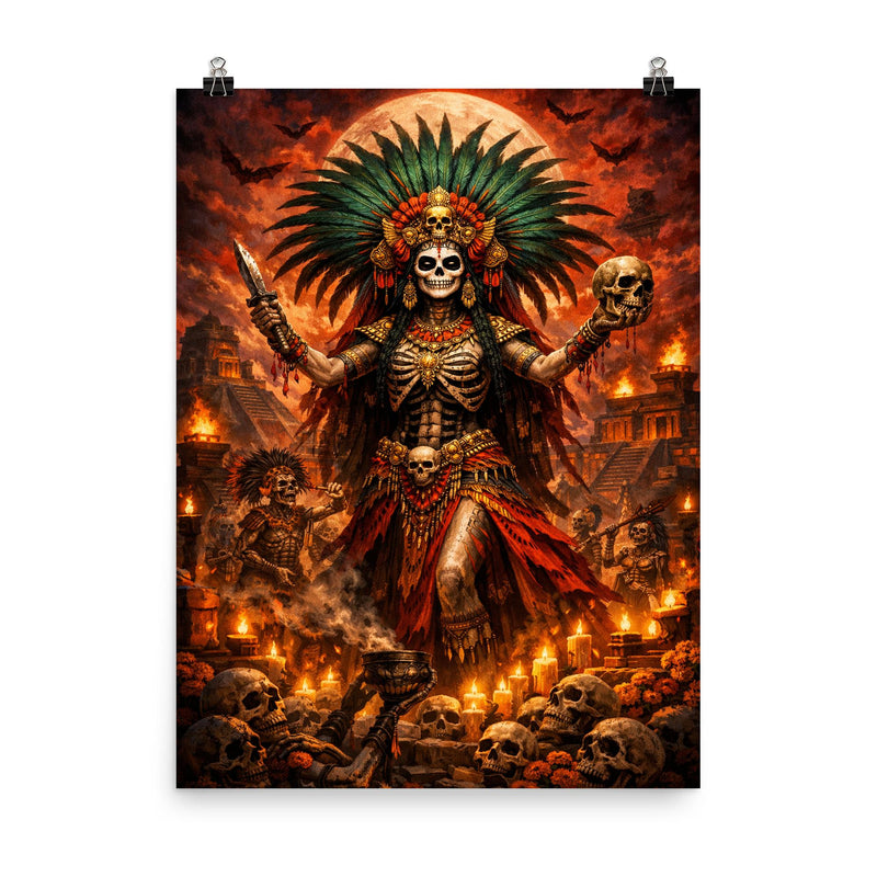 Aztec death goddess Mictecacihuatl festival grandeur poster on a plain backdrop in size 8