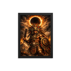 Aztec eagle warrior beneath eclipse shadow framed print on a plain backdrop in size 12"x16".