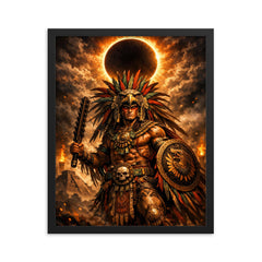 Aztec eagle warrior beneath eclipse shadow framed print on a plain backdrop in size 16"x20".