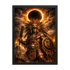 Aztec eagle warrior beneath eclipse shadow framed print on a plain backdrop in size 18"x24".