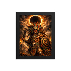 Aztec eagle warrior beneath eclipse shadow framed print on a plain backdrop in size 8"x10".