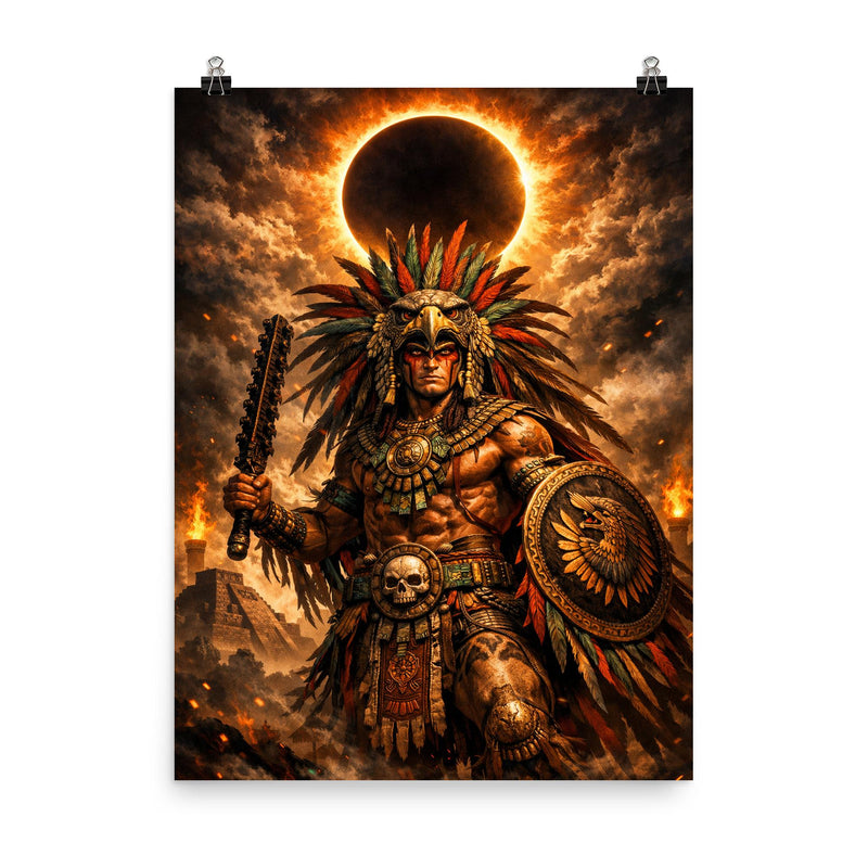 Aztec eagle warrior beneath eclipse shadow poster on a plain backdrop in size 8
