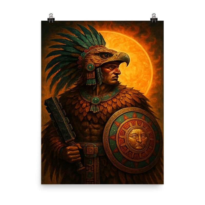 Aztec eagle warrior with obsidian and solar disk poster on a plain backdrop in size 8
