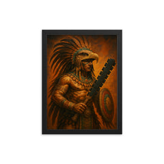 Aztec eagle warrior with obsidian macuahuitl framed print on a plain backdrop in size 12"x16".