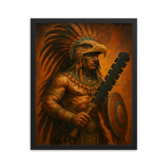 Aztec eagle warrior with obsidian macuahuitl framed print on a plain backdrop in size 16"x20".