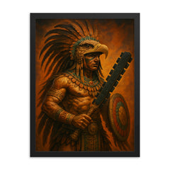 Aztec eagle warrior with obsidian macuahuitl framed print on a plain backdrop in size 18"x24".