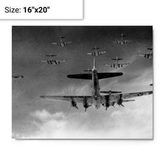 B-17 Flying Fortress In Formation metal print on a plain backdrop in size 16"x20".