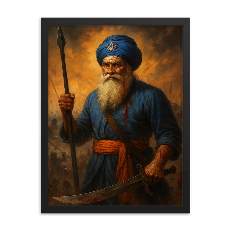 Baba Deep Singh wounded battlefield icon framed print on a plain backdrop in size 18