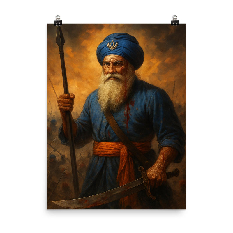 Baba Deep Singh wounded battlefield icon poster on a plain backdrop in size 8