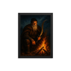 Baba Novac by campfire and curved blade framed print on a plain backdrop in size 12"x16".