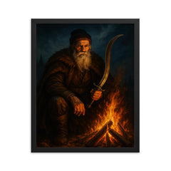 Baba Novac by campfire and curved blade framed print on a plain backdrop in size 16"x20".