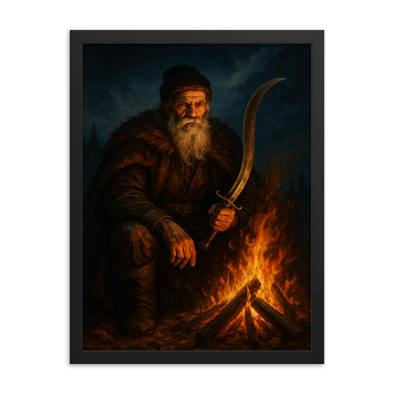 Baba Novac by campfire and curved blade framed print on a plain backdrop in size 18