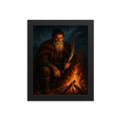 Baba Novac by campfire and curved blade framed print on a plain backdrop in size 8"x10".