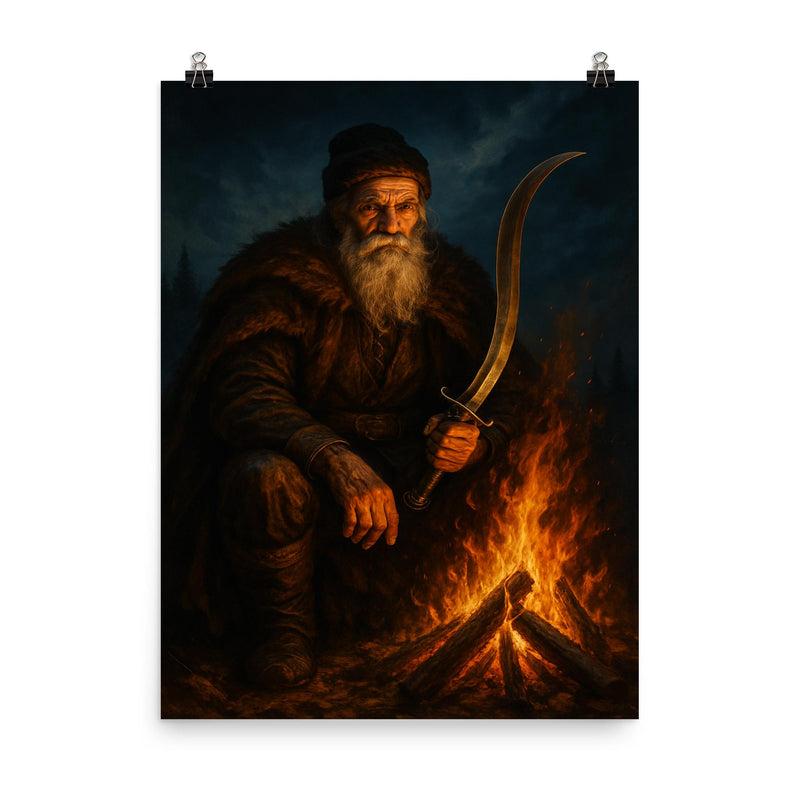 Baba Novac by campfire and curved blade poster on a plain backdrop in size 8