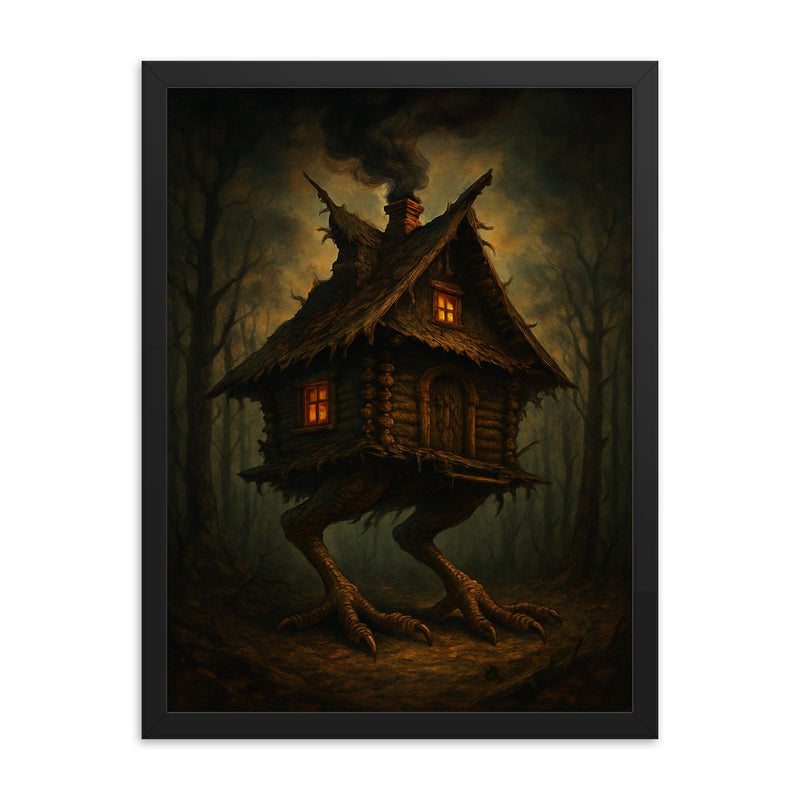 Baba Yaga house on chicken legs framed print on a plain backdrop in size 18